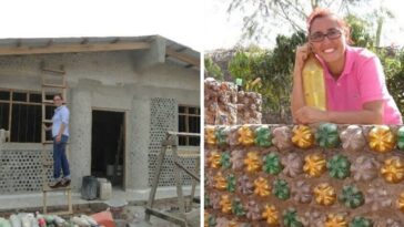 mujer construye casas hechas con botellas de plástico para personas necesitadas