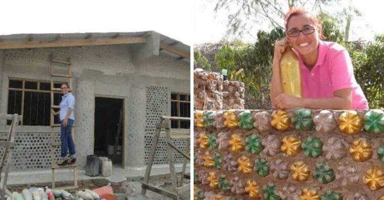 mujer construye casas hechas con botellas de plástico para personas necesitadas