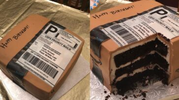 hombre le regaló a su mujer, "adicta" a las compras online, una tarta con la forma de un paquete