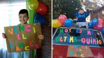 niño de 4 años festeja con globos y carteles su último día de quimioterapia