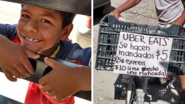 niño hace mandados en una bicicleta para comprarse una tablet para hacer los deberes