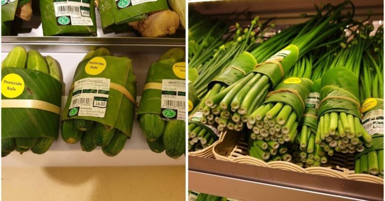 supermercado tailandés usan hojas de plátano para envolver los alimentos